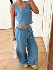 SHEIN 春夏西部老钱风格海边度假休闲装复古水洗少女女童牛仔背心套装抽绳腰阔腿牛仔裤两件套，女童暑假演唱会狂欢节服装，毕业两件套服装