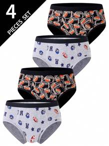 4pcs Teen Boys' Black Gray Football Print Comfortable Cotton Briefs, All Season Back To School Fashion - Multicolor - View 1
