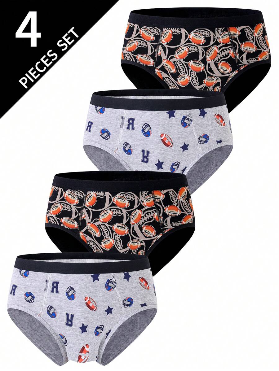 4pcs Teen Boys' Black Gray Football Print Comfortable Cotton Briefs, All Season Back To School Fashion - Multicolor - View 1