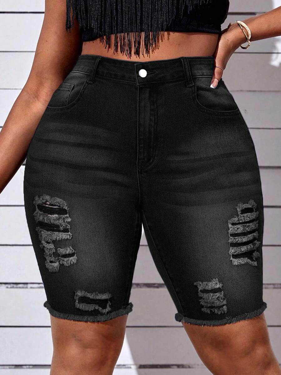 SHEIN SXY Plus Size Distressed Denim Shorts, Fashionable For Summer - Black - View 1