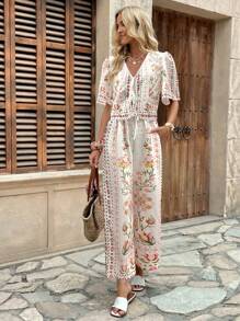 Breezaya 2 件套女士休闲度假复古印花短袖短款上衣和阔腿裤 - 彩色 - 查看 3