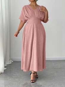 Elenzga Plus Size V-Neck Solid Color Short Sleeve Casual Dress, Simple & Fashionable For Everyday Wear,Valentine