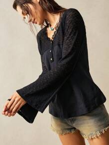 Bohemela Semi-Transparent Lace And Knitted Button V-Neck Flared Long-Sleeved Slightly Stretchy Women's Top - Black - View 6