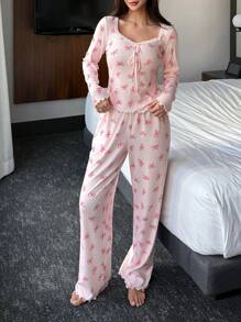 DAZY Conjunto de pijama con estampado de lazo, volantes y dobladillo ondulado, de encaje y parches, ropa de otoño e invierno - Rosa Pálido - Ver 5