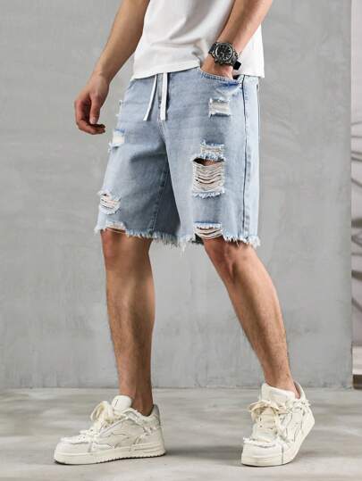 Manfinity EMRG Men's Casual Distressed Denim Shorts Jorts Vacation Going Out Tropical Hang Out Street, Emo Style