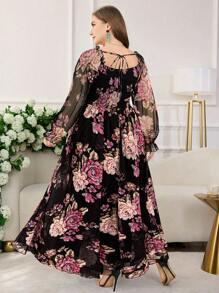 Modelyn 大码女式时尚浪漫高领网眼花卉印花灯笼袖连衣裙