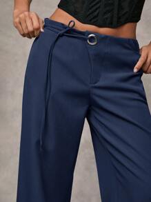SHEIN BAE Women's Solid Gray Casual, Commuting, Loose Fit Drawstring Waist Wide Leg Relaxed Pants For Daily Wear - Navy Blue - View 6
