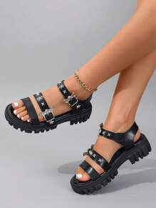 ROMWE Grunge Punk Plus Size Black Open Toe 4.5cm Platform Shoes, Punk Goth Metal Rivet Star Bat Buckle Strap Hook And Loop Design, Casual Fashion Student Roman Sandals