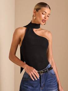 SHEIN BAE Solid Color Black Elegant Asymmetrical Neck Slim Tight Ruched Mesh Bodysuit For Women, Vacation Bodysuit, Music Festival Outfit, Minimalist Sophisticated Bodysuit - Black - View 7