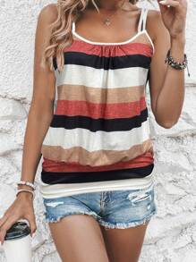 SHEIN LUNE 节日休闲拼色条纹吊带背心图案 T 恤女式上衣