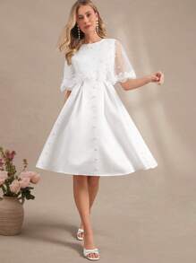 Amorya Vestito elegante da donna con applicazioni in pizzo, mantella aderente e decorazioni in perle di raso, adatto per matrimoni