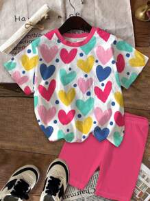 SHEIN 2 件套年轻女孩休闲心形印花短袖上衣和短裤套装，粉色，夏季 - 彩色 - 查看 2