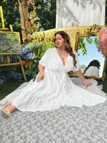 Flirla Vestido de una pieza ajustado con volantes que ajusta la cintura, de estilo europeo y americano, talla grande - Blanco - Ver 4