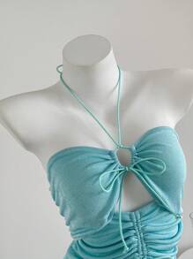 Flirla Fashionable Casual Lace-Up Halter Neck Women Tank Top, Spring/Summer - Mint Green - View 1