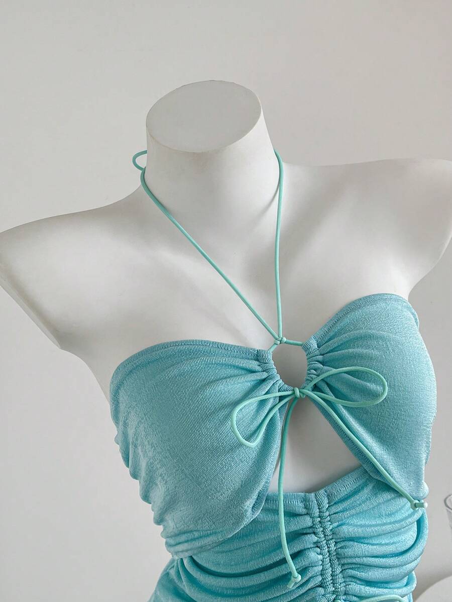 Flirla Fashionable Casual Lace-Up Halter Neck Women Tank Top, Spring/Summer - Mint Green - View 1