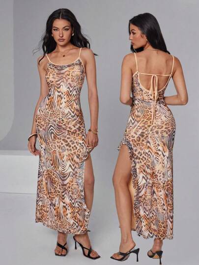 Roylia Women Leopard Print Spaghetti Strap Ruffle Hem High Split Dress