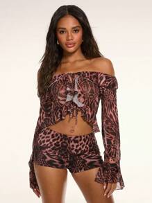 SHEIN BAE Brown Cheetah Animal Print Mesh Print Simple Sexy Ultra Low Waist Mini Shorts Summer Holiday Bohemian Style, Club Sexy, Rave, Festival, Summer Short,Western Wear Women,Coachella, Halloween Clothes,Halloween Costume