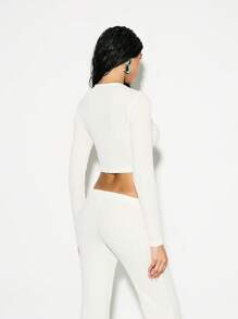 KIZN Twist Front Long Sleeve Crop Top Ultra Soft Ribbed Knit Casual Top With Button Detail Ibiza - White - View 2