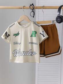 Bubblio 2pcs/Set Young Boys Casual Comfortable Versatile Printed Pattern Short Sleeve Top And Contrast Stripe Trim Shorts Set, Suitable For Spring And Summer - Brown - View 4