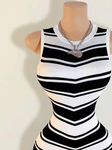 BamGleam Women's Sleeveless Contrast Color Stripe Fringe Hem Slim Dress