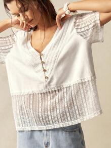 Bohemela 假日风格纯色编织蕾丝拼接V领短袖宽松女衬衫 - 白色 - 查看 3