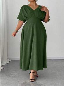 SHEIN CURVE+ CURVE+ 大码生日礼服、派对、优雅、正式女装、晚礼服、红色礼服、褶皱 - 綠色 - 查看 4