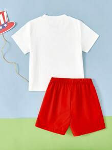 SHEIN Set de 2 piezas de ropa casual diaria para niño pequeño con estampado de lema y oso de California, adecuado para actividades al aire libre, vacaciones y uso diario, tallas de 4 a 7 años