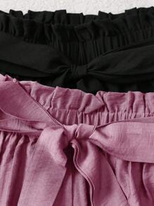 Chiquease 2pcs Solid Color Casual Commuting Travel High Waist Paper Bag Style Shorts - Multicolor - View 3