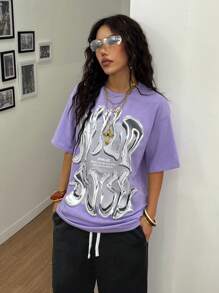 Coolane Women's Purple Knitted Casual T-Shirt With Round Neck And Half Sleeves And Abstract Graphic Print - Purple - View 3