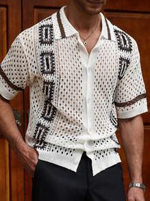 Manfinity CityGents Men's Geometric Pattern Hollow Out Short Sleeve Single-Breasted Knit Top - Multicolor - View 5