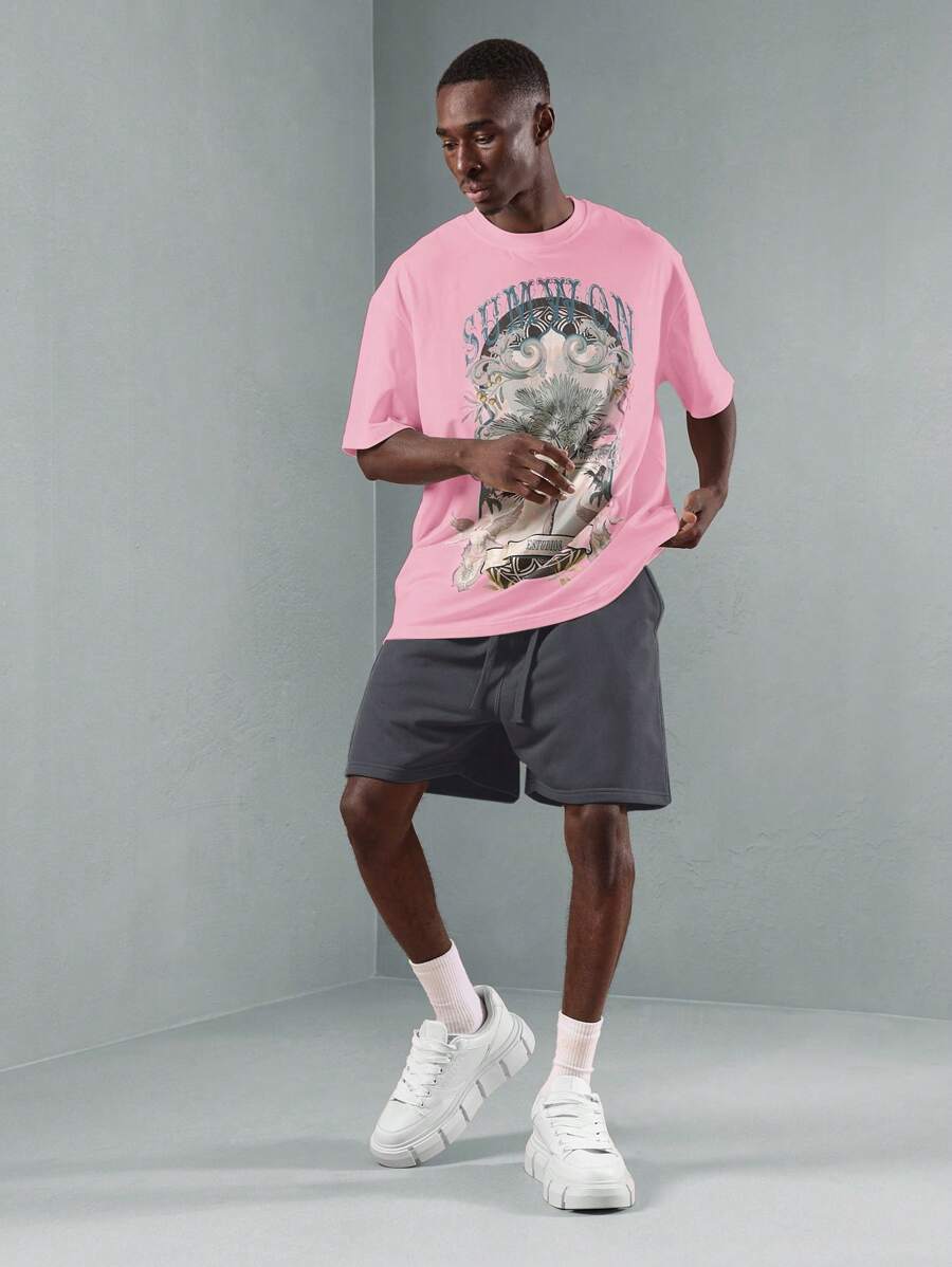 SUMWON Conjunto de camiseta y pantalón corto con estampado de paraíso tropical de verano, estilo casual, cómodo y a juego, con estampado de , para usar en la calle, tiempo libre, festivales y la playa - Rosa - Ver 1