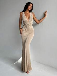 Aloruh Women's Spring And Summer Vacation Daily Sexy Solid Color Dress Deep V Pleated Breast Cup Waist Hollowed Out Buttocks Fishtail Blue Dress Cross Backless Tight Maxi Dress Dresses For Wedding Event