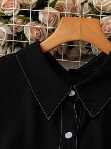 SHEIN LUNE Elegant Commute & Vacation Style Simple Casual Women's Fashion Versatile Comfortable Fabric Shirt Collar Short Sleeve Button-Up Shirt Top With Elastic Waist Shorts Set, Black & White, Plus Size, Spring/Summer/Autumn - Black and White - View 5