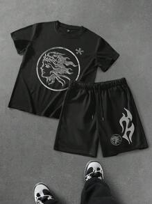PAVTROS Men's Graphic Print Short Sleeve T-Shirt And Shorts Set, Making It An Excellent Gift Idea For Boyfriends Or Husbands. Men Clothes Men T Shirt Co Ords Graphic Tees For Men,Men's Young Street Style, INS Versatile Best-Selling  T-Shirt Set , The Personalized Patterns On The Chest And Shorts Are Full Of Fashion Sense. The Overall Style Is Avant-Garde And Bold, Showing A Unique Street Fashion Atmosphere, Suitable For Outdoor Sports And Leisure Occasions. - Black - View 1