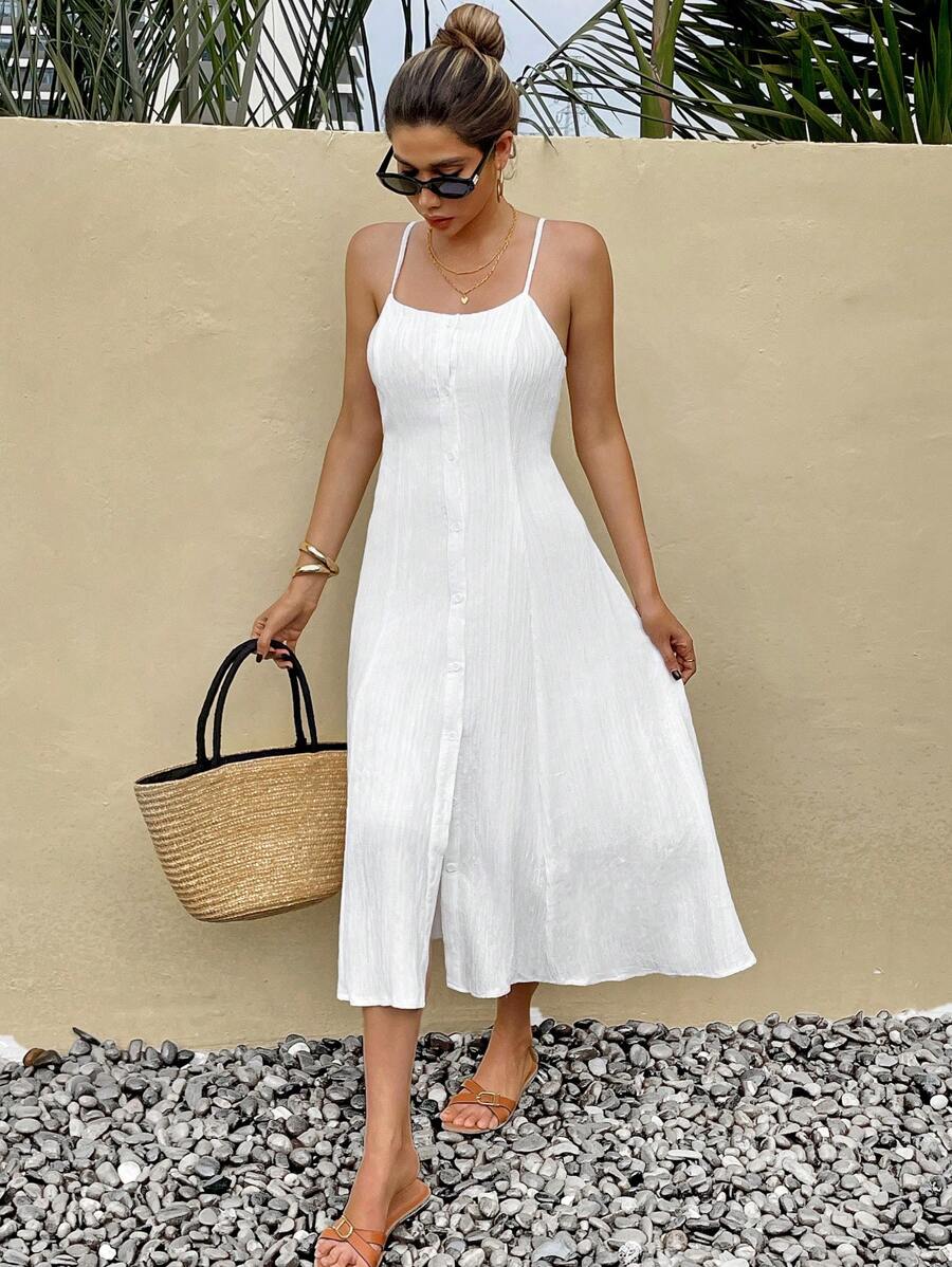 SHEIN Frenchy Váy yếm thanh lịch giản dị mùa hè màu trắng kiểu Pháp cho nữ Váy cưới Trang phục mùa hè cho nữ Váy trắng Váy lễ Phục sinh cho nữ Váy trắng cho nữ Váy tốt nghiệp Trang phục đi biển cho nữ - Màu be - Xem 1