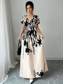 Elenzga Vestido largo con estampado floral, cintura ceñida y escote en V, elegante para primavera/verano/otoño/invierno, ropa de mujer para conciertos, vestidos de noche, apto para uso diario, viajes, temporada de bodas/festivales de música