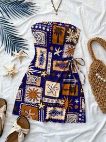 SHEIN Teen Girls' Tropical Island Elements Coconut Tree Waist Drawstring Hollow Out Snug Fit Halter Dress, Holiday, Casual/Vacation