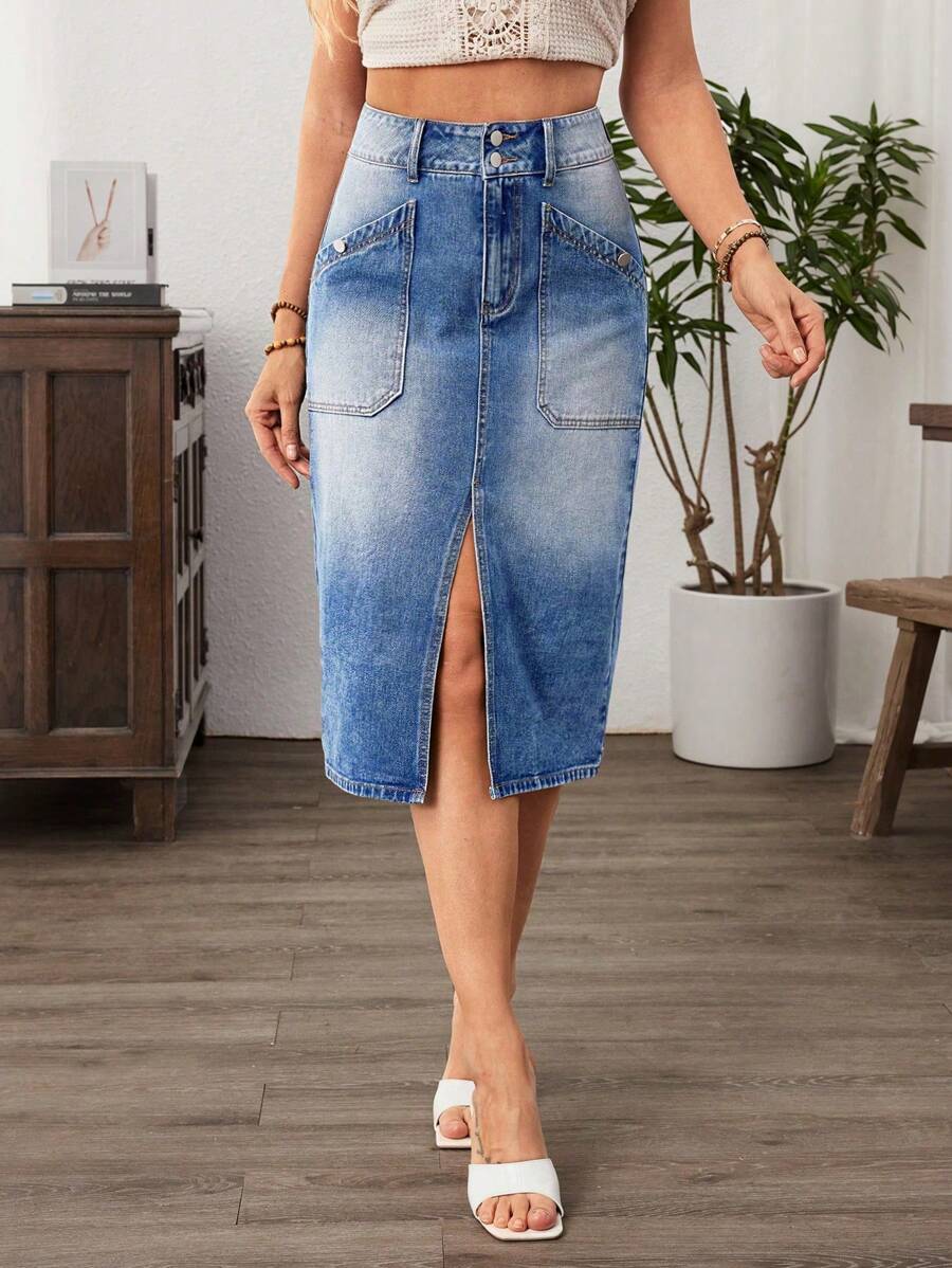 Breezaya Women's Contrast Color Pocket Slit Up To Thigh Denim Skirt - Blue - View 1