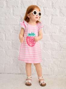 SHEIN Baby Girl Casual Simple Comfortable Round Neck Ruffle Sleeve Strawberry Print Dress - Pink - View 3