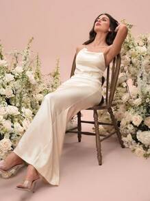 Glamine 2 件套女士优雅缎面婚礼服装 - 杏色 - 查看 7