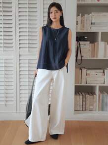 Dazy-Less 夏季亚麻纯色简约牛仔效果装饰艺术休闲度假无袖衬衫女士商务休闲女装 - 藍色 - 查看 9