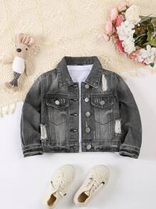 Young Girl' Street Style Chic Casual Washed Ripped Short Denim Jacket - Grey - View 1