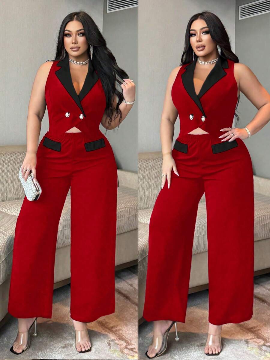 SHEIN Unity 2pcs Plus Size Women Elegant Black & White Contrast Color Vest And Pants Set With Button Decor, Fashion Design, Versatile - Multicolor - View 1