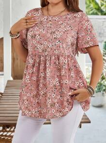 EMERY ROSE Plus Size Floral Print Round Neck Short Sleeve Casual Dressy Shirt, Suitable For Summer - Multicolor - View 1
