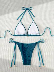 Swim Vcay Springbreak Solid Color Textured Halter Bikini Set, Beachwear Summer Outfits - Blue - View 2
