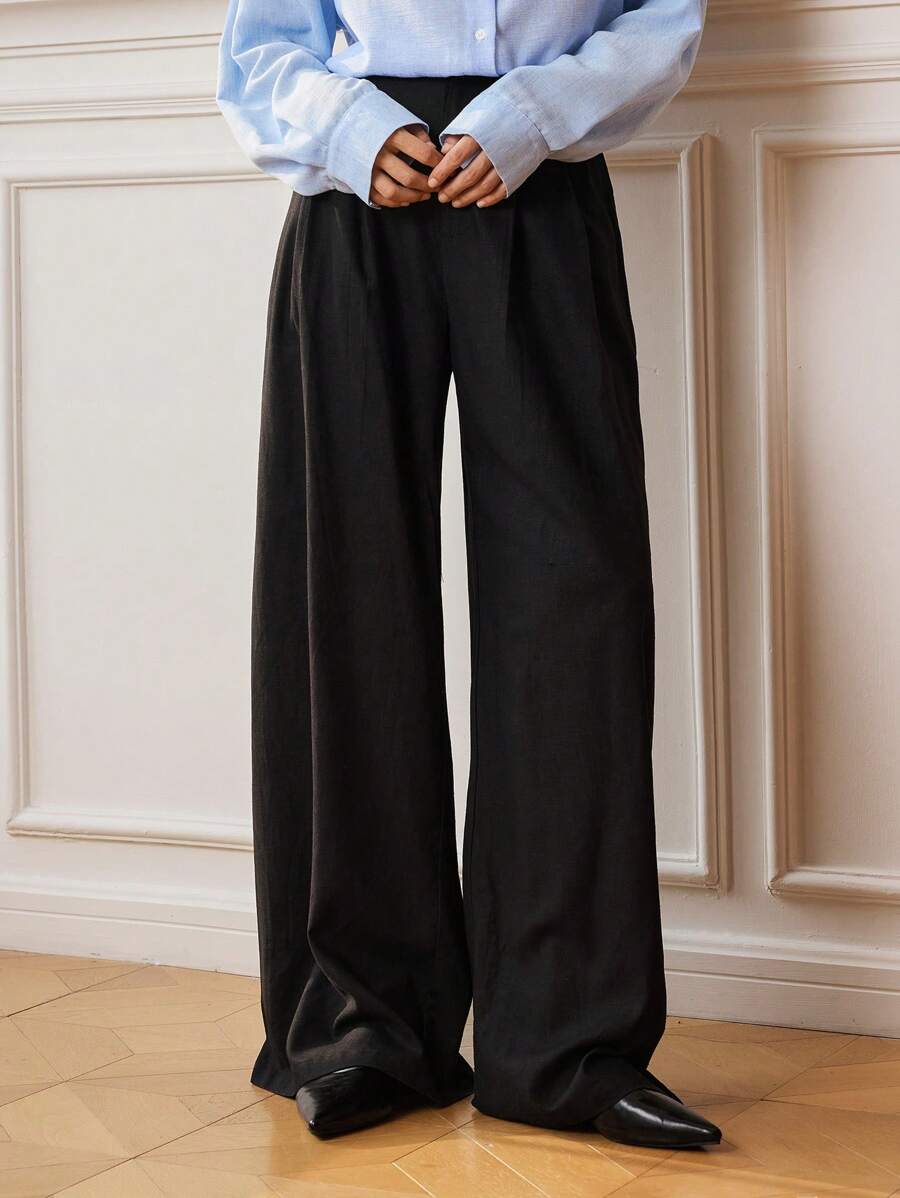 Dazy-Less Women's Pleated Wide Leg Casual Straight Trousers, Suitable For Spring And Summer Business Casual Women Linen,Women Dress Pants - Black - View 1