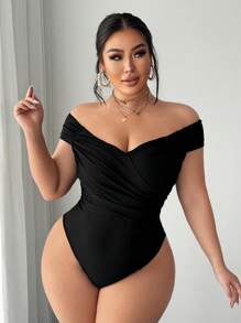 SHEIN SXY 大码女式性感露肩交叉褶皱连体衣，适合街头、休闲、性感、日常旅行、购物、约会，穿着凉爽舒适。易于搭配，修身，凸显身材，修饰曲线。