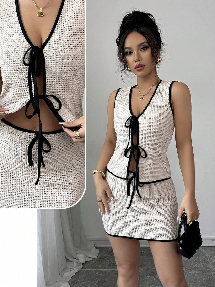 Chiquease 2pcs/Set Women V-Neck Cropped Top And Mini Skirt Set - Apricot - View 1