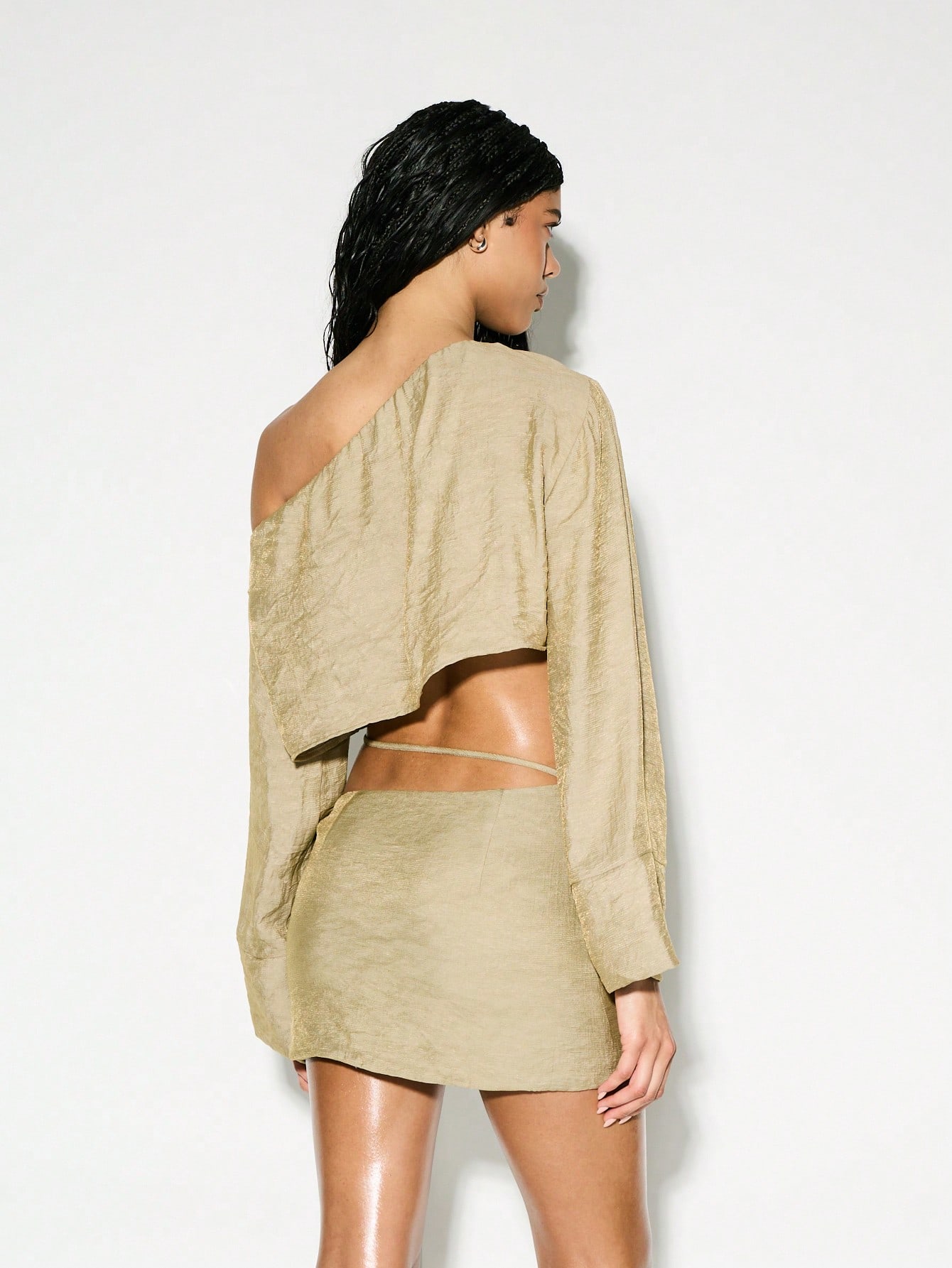 KIZN One Shoulder Long Bell Sleeve Crop Top Modern Fashion
