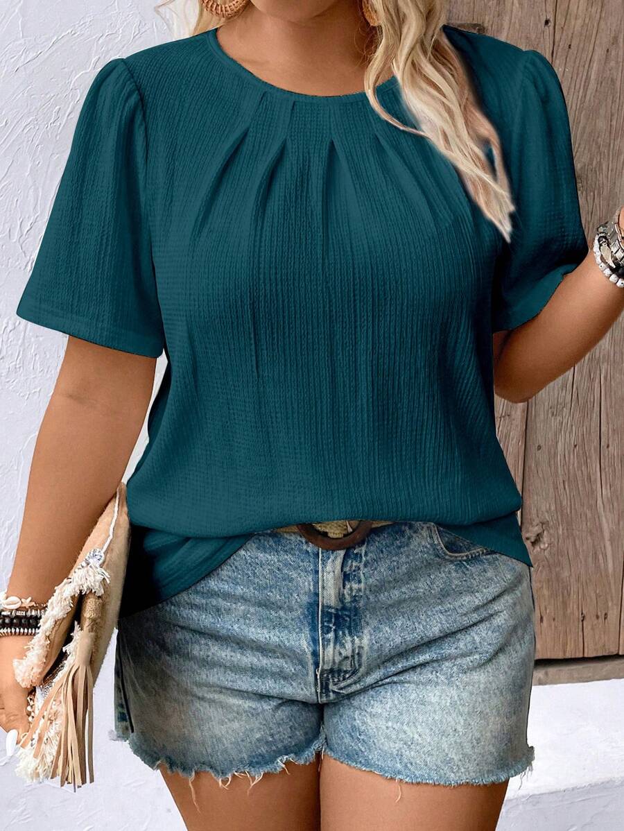 EMERY ROSE Plus Size Vacation Casual Solid Color Textured Puff Sleeve Shirt